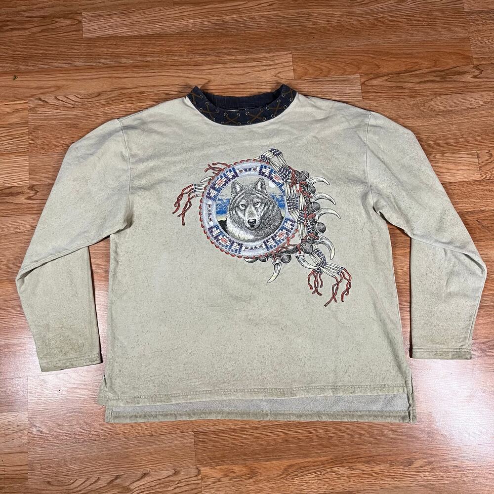Vintage 90s Factory Artwear Wolf Dream‎ Catcher Pullover Crewneck Men’s Sz L